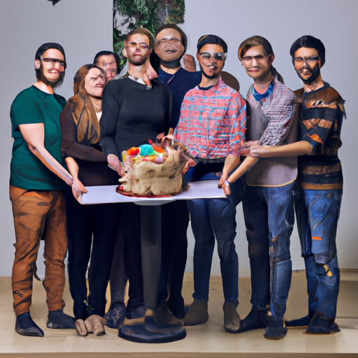 קבוצת עמיתים לעבודה מצטלמים עם עוגה בהזמנה אישית